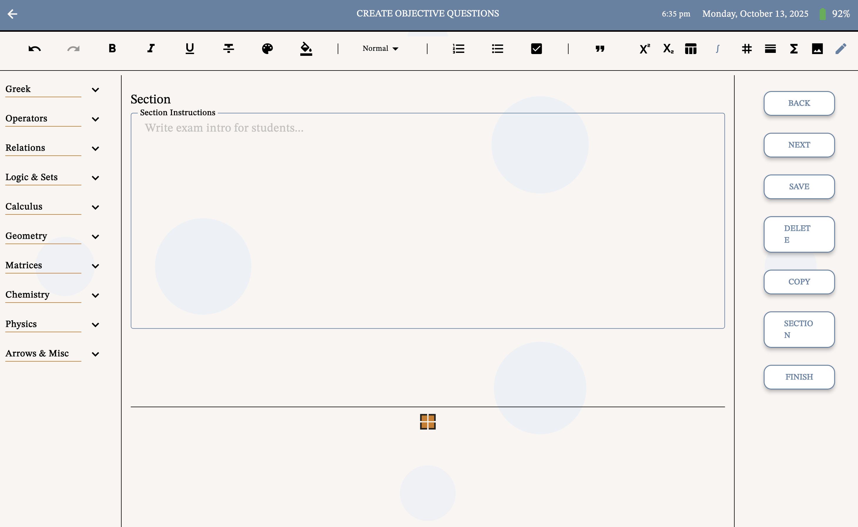 Section Instruction for Create Exam